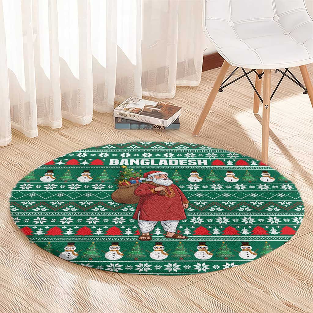 Bangladesh Christmas Round Carpet with Santa Claus in Traditional Outfit Snowman and Tree Pattern - Wonder Print Shop