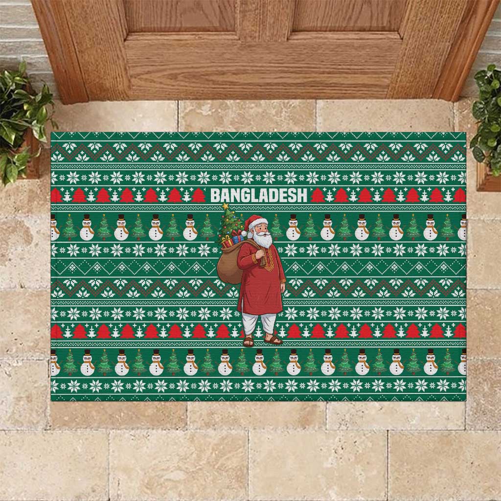 Bangladesh Christmas Rubber Doormat with Santa Claus in Traditional Outfit Snowman and Tree Pattern - Wonder Print Shop