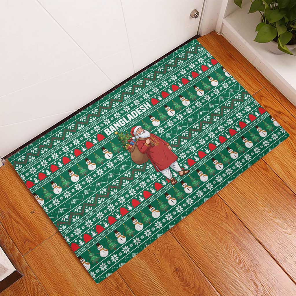 Bangladesh Christmas Rubber Doormat with Santa Claus in Traditional Outfit Snowman and Tree Pattern - Wonder Print Shop