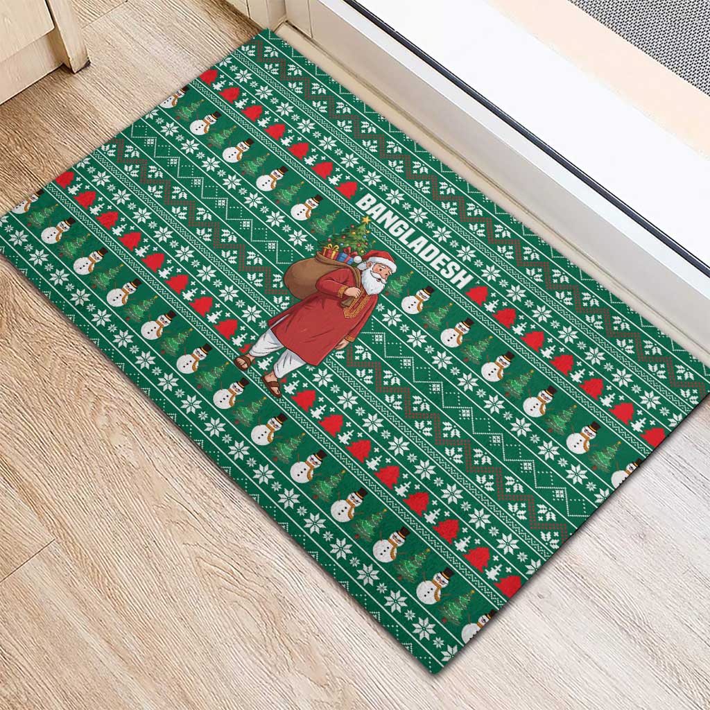 Bangladesh Christmas Rubber Doormat with Santa Claus in Traditional Outfit Snowman and Tree Pattern - Wonder Print Shop
