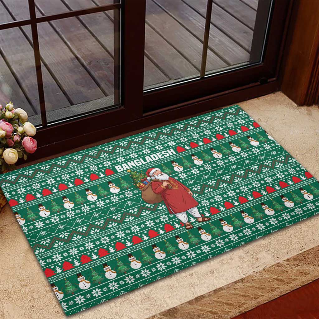 Bangladesh Christmas Rubber Doormat with Santa Claus in Traditional Outfit Snowman and Tree Pattern - Wonder Print Shop