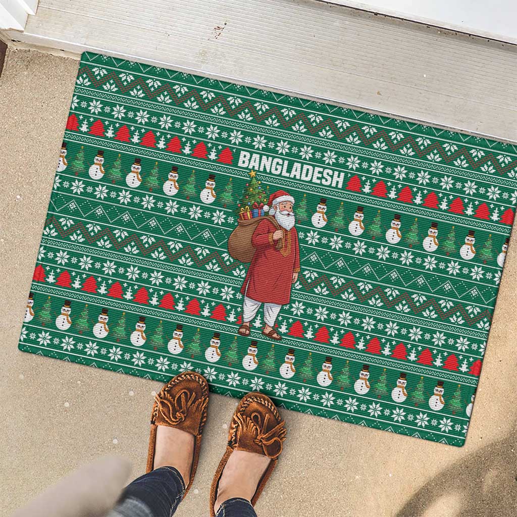 Bangladesh Christmas Rubber Doormat with Santa Claus in Traditional Outfit Snowman and Tree Pattern - Wonder Print Shop