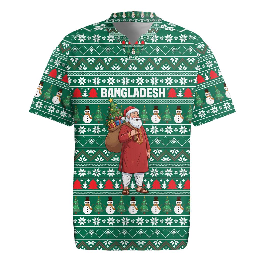 Bangladesh Christmas Rugby Jersey with Santa Claus in Traditional Outfit Snowman and Tree Pattern - Wonder Print Shop