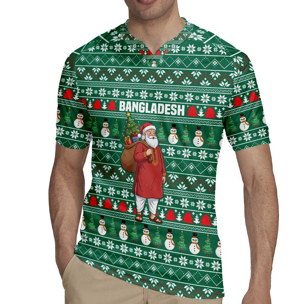 Bangladesh Christmas Rugby Jersey with Santa Claus in Traditional Outfit Snowman and Tree Pattern - Wonder Print Shop