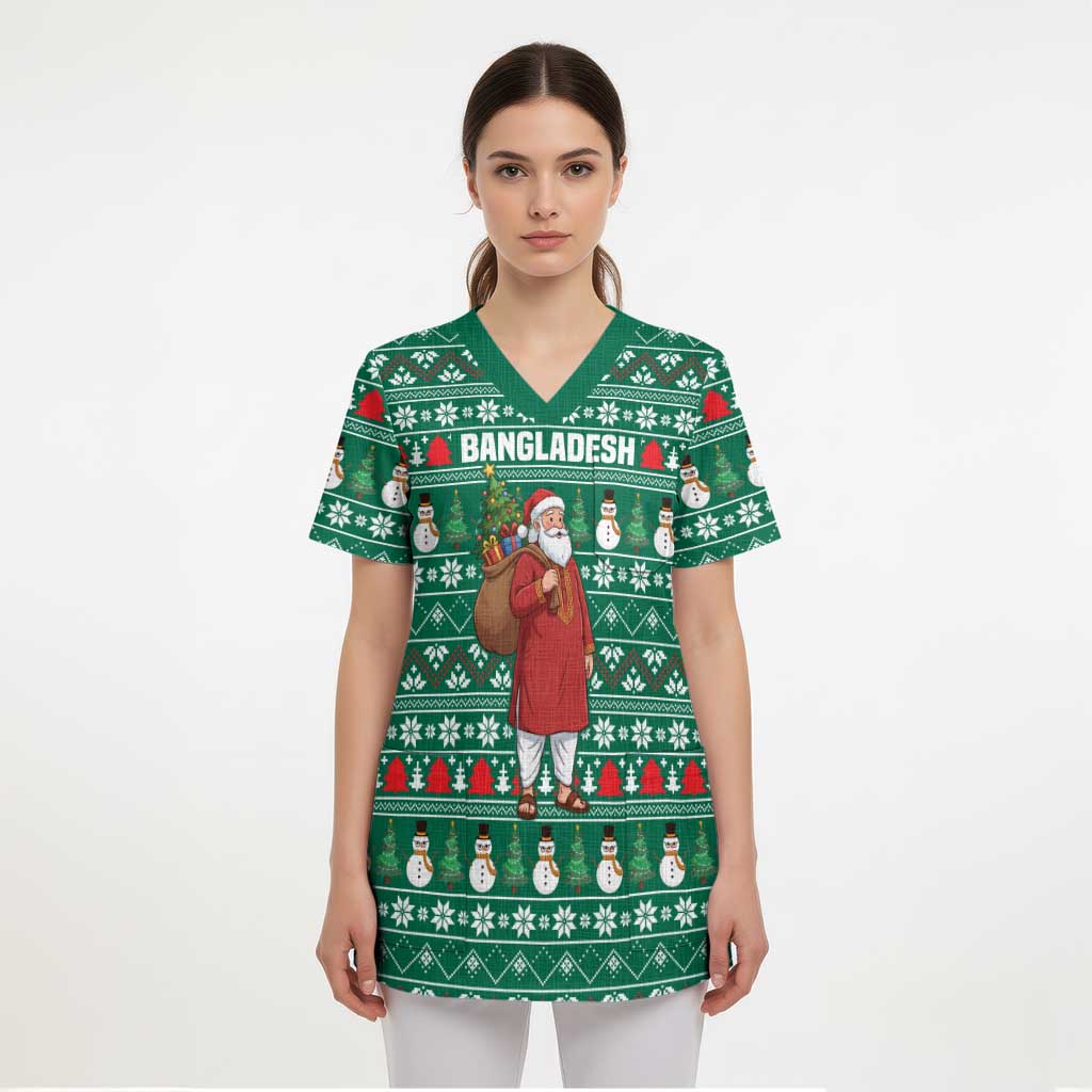 Bangladesh Christmas Scrub Top with Santa Claus in Traditional Outfit Snowman and Tree Pattern - Wonder Print Shop