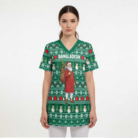 Bangladesh Christmas Scrub Top with Santa Claus in Traditional Outfit Snowman and Tree Pattern - Wonder Print Shop