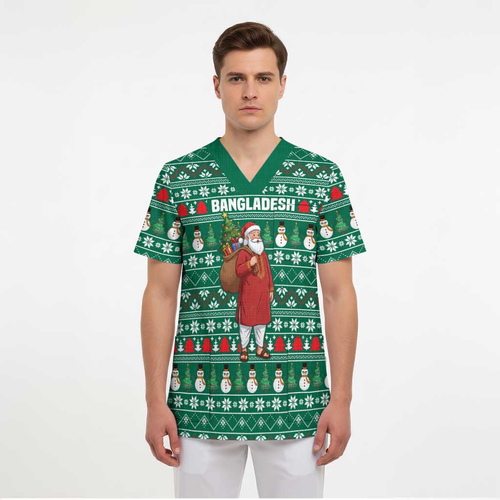 Bangladesh Christmas Scrub Top with Santa Claus in Traditional Outfit Snowman and Tree Pattern - Wonder Print Shop