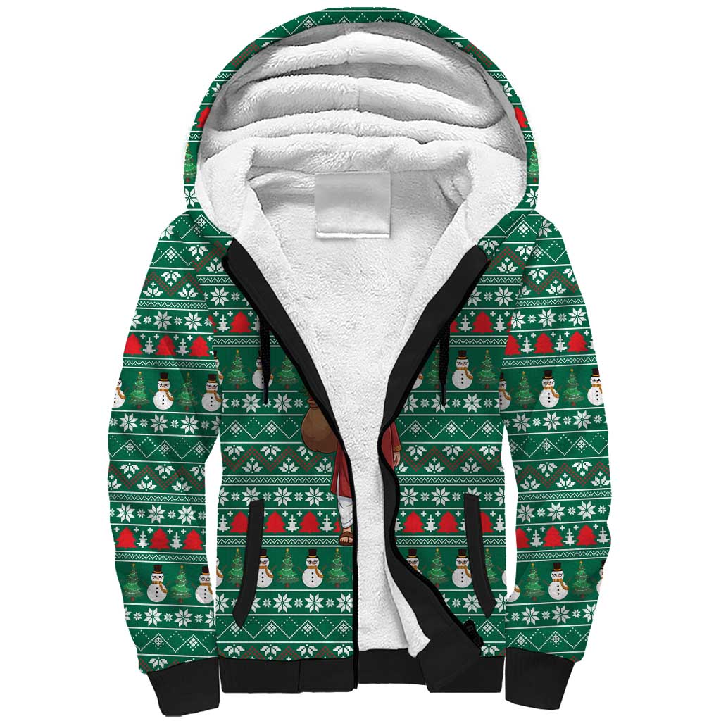Bangladesh Christmas Sherpa Hoodie with Santa Claus in Traditional Outfit Snowman and Tree Pattern - Wonder Print Shop