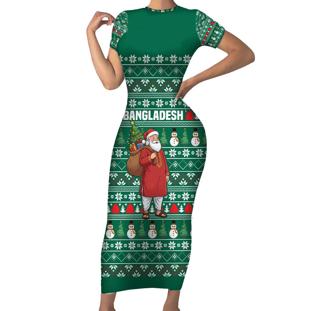 Bangladesh Christmas Short Sleeve Bodycon Dress with Santa Claus in Traditional Outfit Snowman and Tree Pattern - Wonder Print Shop