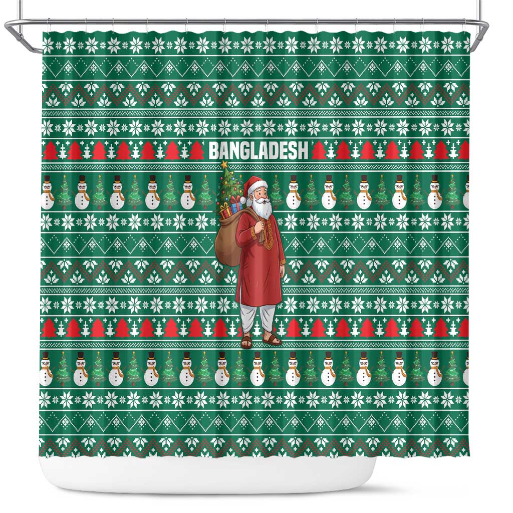 Bangladesh Christmas Shower Curtain with Santa Claus in Traditional Outfit Snowman and Tree Pattern - Wonder Print Shop