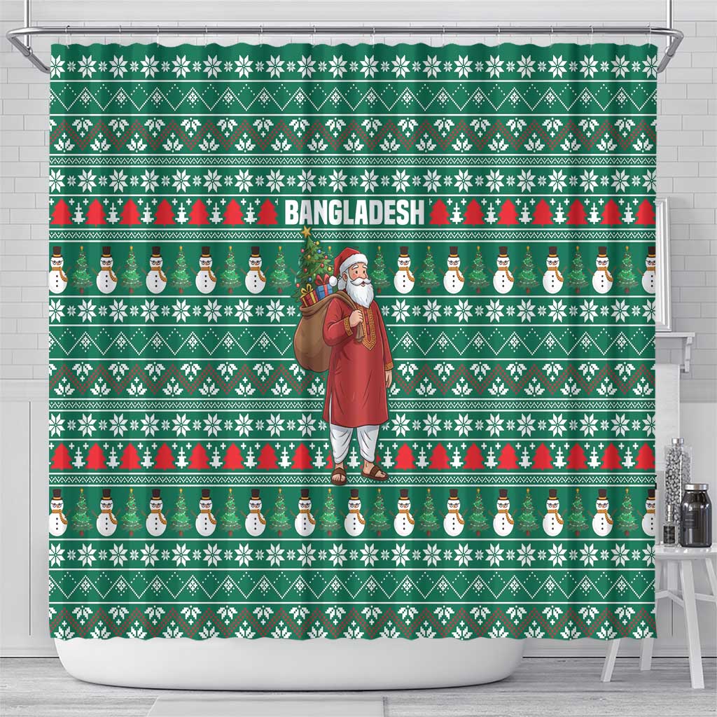 Bangladesh Christmas Shower Curtain with Santa Claus in Traditional Outfit Snowman and Tree Pattern - Wonder Print Shop