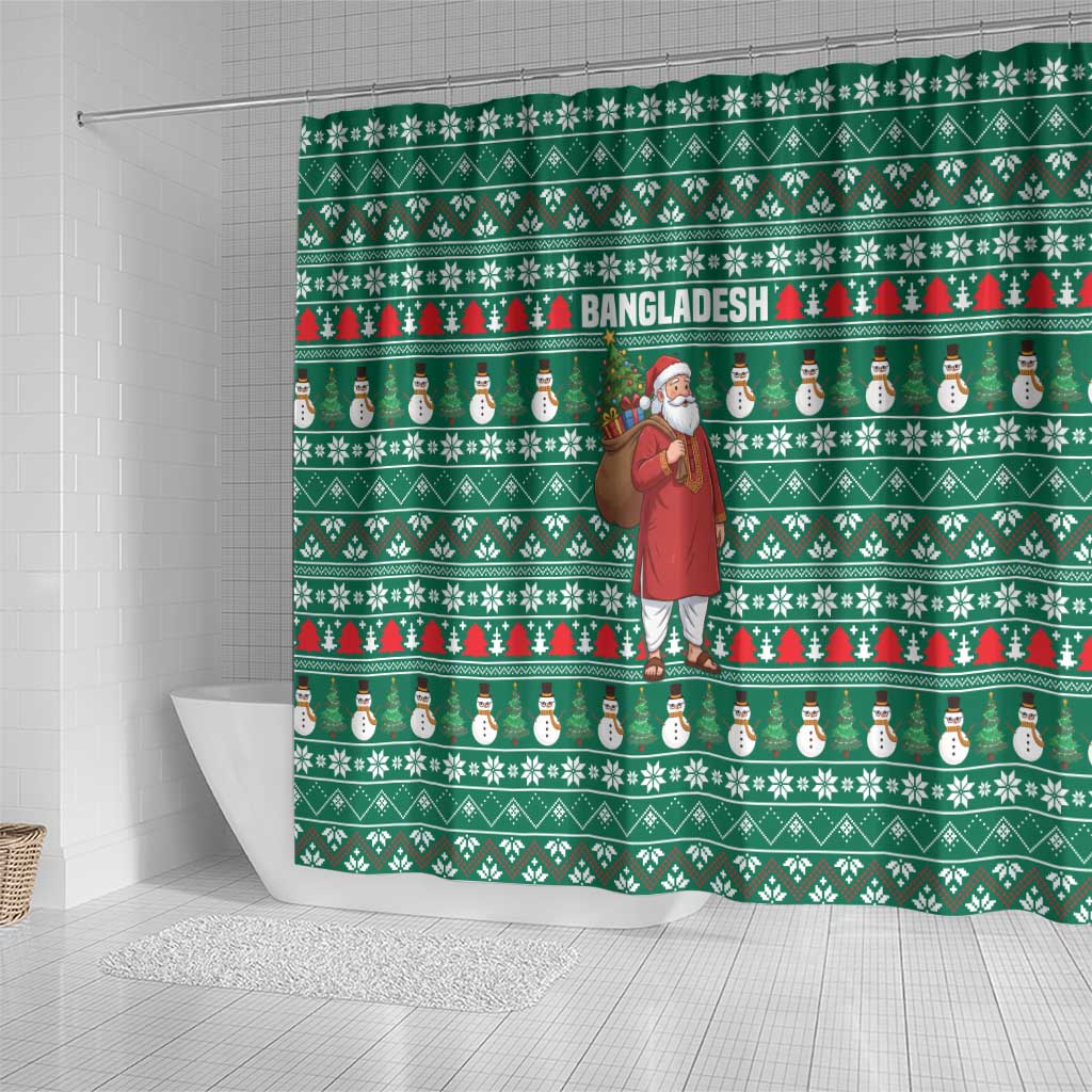 Bangladesh Christmas Shower Curtain with Santa Claus in Traditional Outfit Snowman and Tree Pattern - Wonder Print Shop