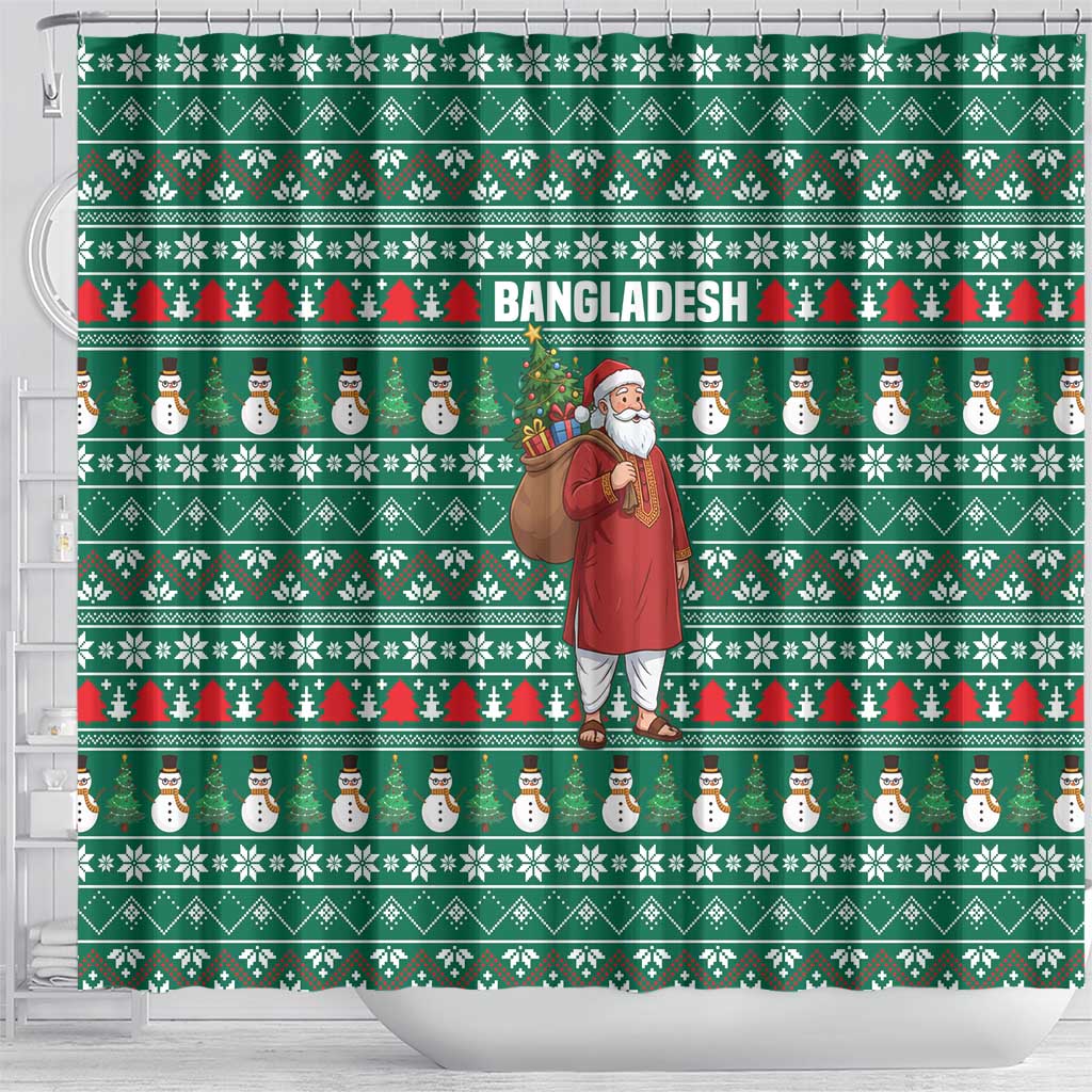 Bangladesh Christmas Shower Curtain with Santa Claus in Traditional Outfit Snowman and Tree Pattern - Wonder Print Shop