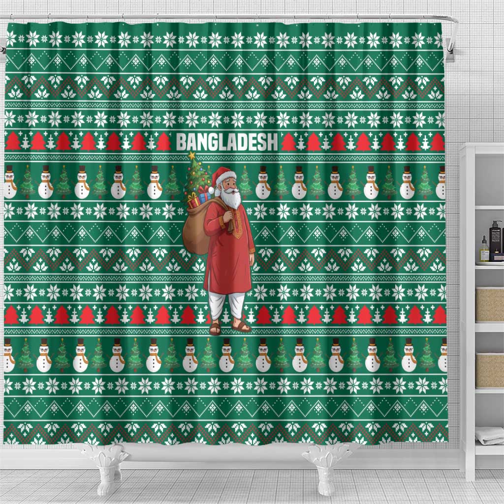 Bangladesh Christmas Shower Curtain with Santa Claus in Traditional Outfit Snowman and Tree Pattern - Wonder Print Shop