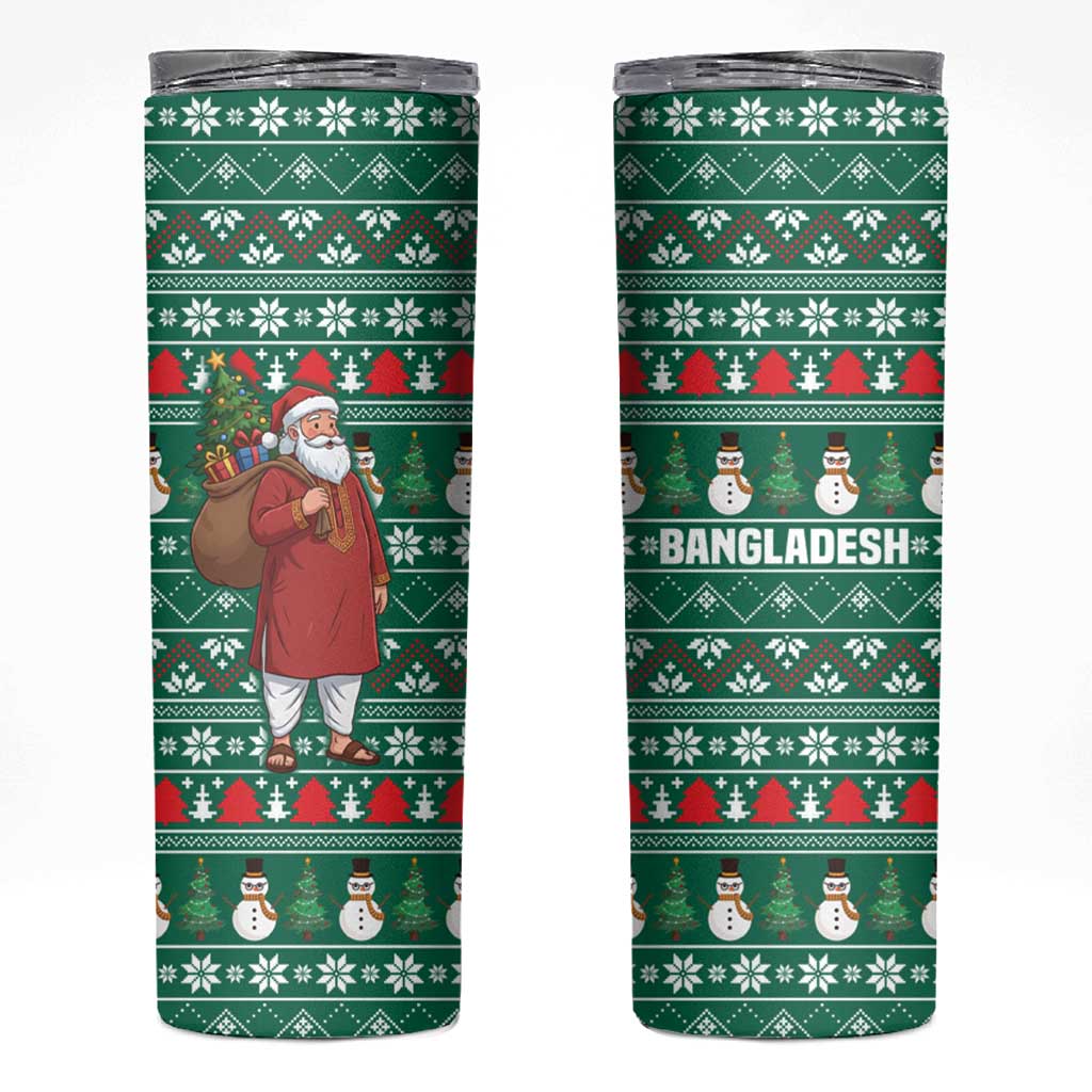 Bangladesh Christmas Skinny Tumbler with Santa Claus in Traditional Outfit Snowman and Tree Pattern - Wonder Print Shop