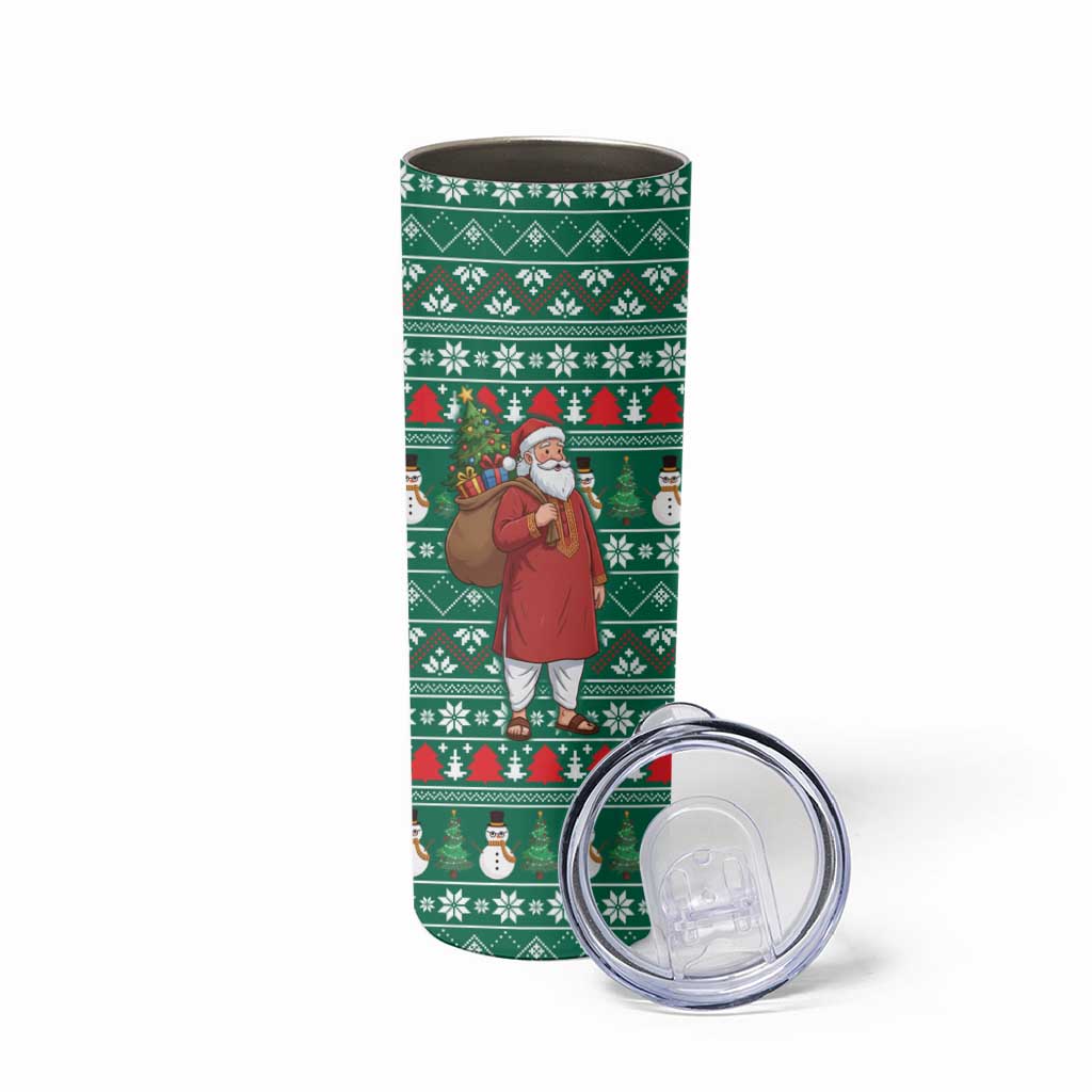 Bangladesh Christmas Skinny Tumbler with Santa Claus in Traditional Outfit Snowman and Tree Pattern - Wonder Print Shop