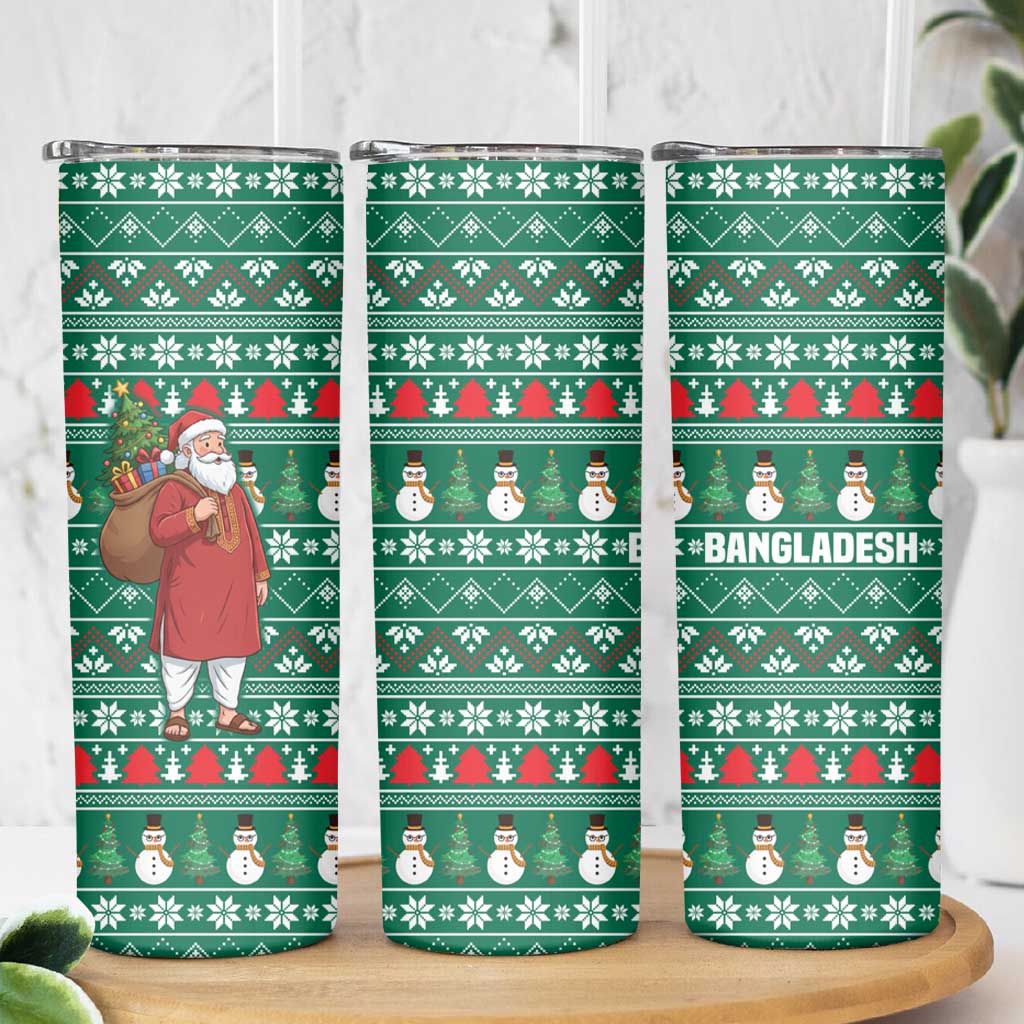 Bangladesh Christmas Skinny Tumbler with Santa Claus in Traditional Outfit Snowman and Tree Pattern - Wonder Print Shop