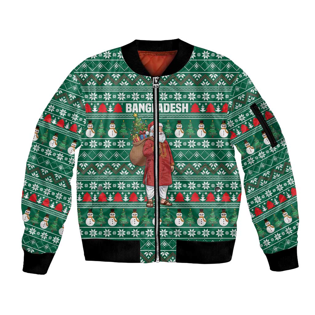 Bangladesh Christmas Sleeve Zip Bomber Jacket with Santa Claus in Traditional Outfit Snowman and Tree Pattern - Wonder Print Shop
