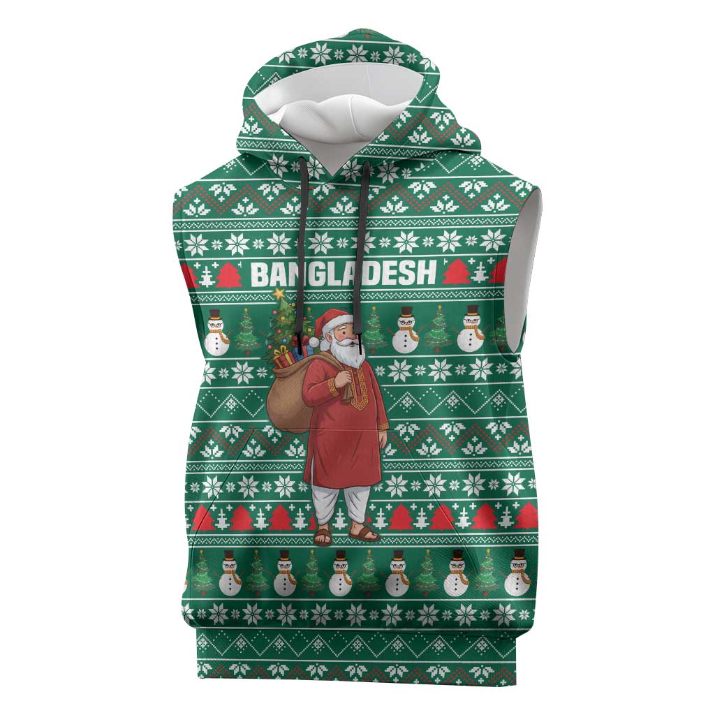 Bangladesh Christmas Sleeveless Hoodie with Santa Claus in Traditional Outfit Snowman and Tree Pattern - Wonder Print Shop