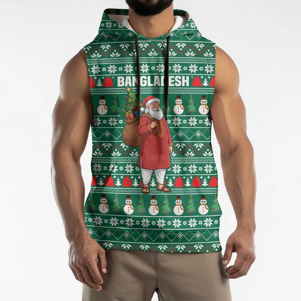 Bangladesh Christmas Sleeveless Hoodie with Santa Claus in Traditional Outfit Snowman and Tree Pattern - Wonder Print Shop