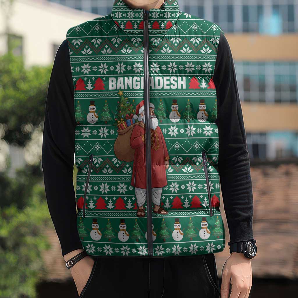 Bangladesh Christmas Sleeveless Puffer Jacket with Santa Claus in Traditional Outfit Snowman and Tree Pattern - Wonder Print Shop