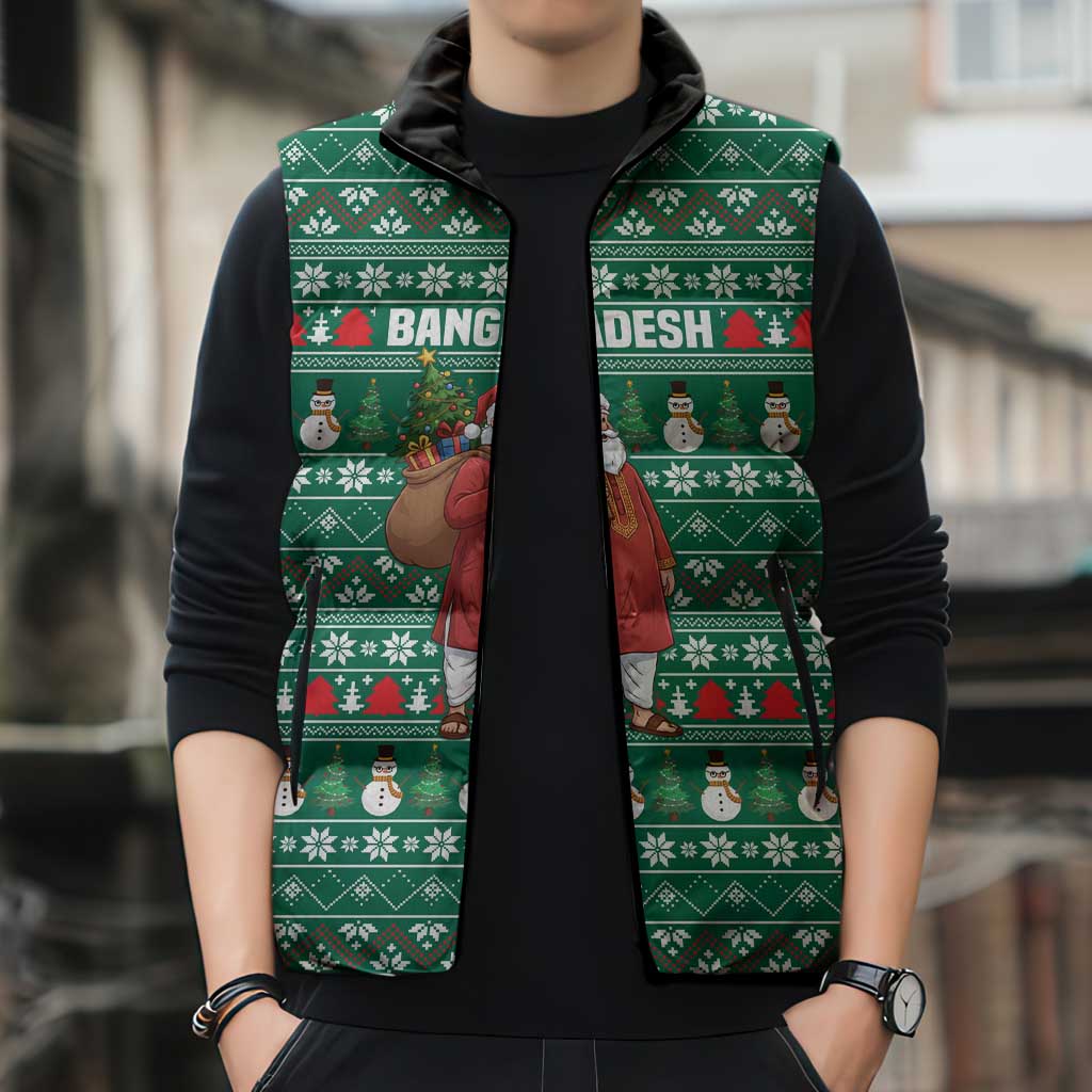 Bangladesh Christmas Sleeveless Puffer Jacket with Santa Claus in Traditional Outfit Snowman and Tree Pattern - Wonder Print Shop