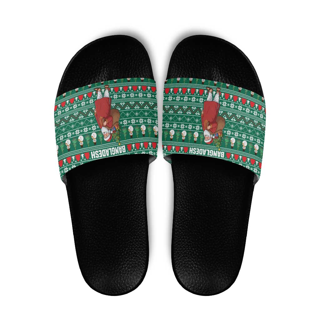 Bangladesh Christmas Slide Sandals with Santa Claus in Traditional Outfit Snowman and Tree Pattern - Wonder Print Shop