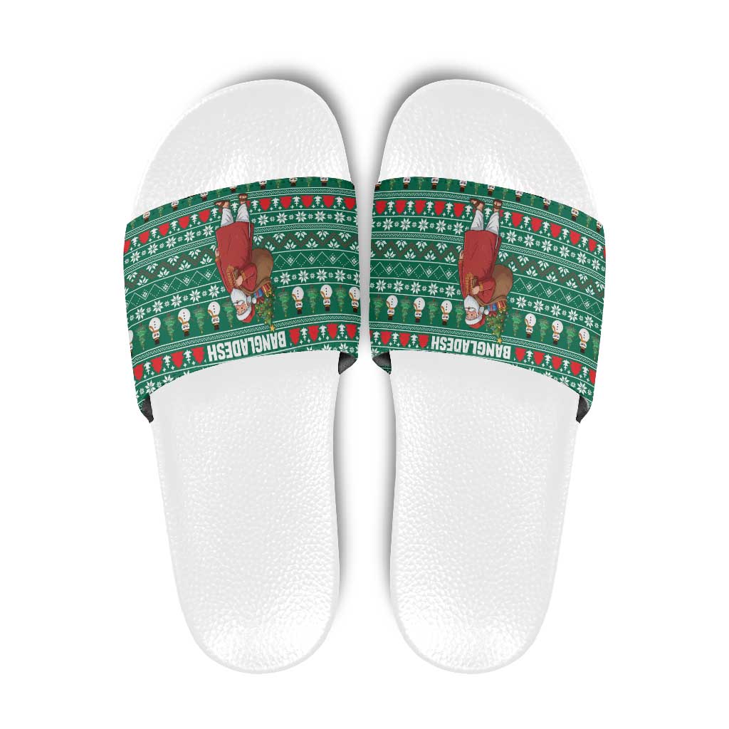 Bangladesh Christmas Slide Sandals with Santa Claus in Traditional Outfit Snowman and Tree Pattern - Wonder Print Shop
