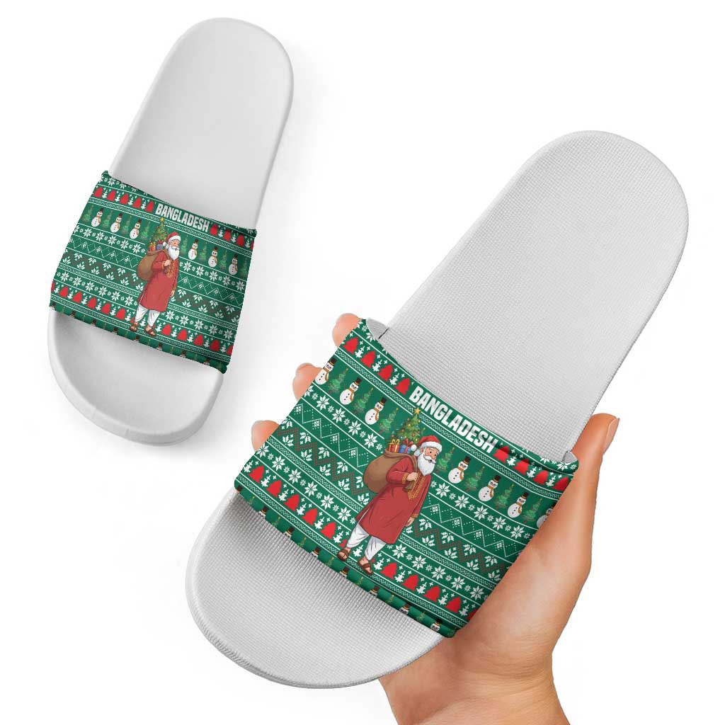 Bangladesh Christmas Slide Sandals with Santa Claus in Traditional Outfit Snowman and Tree Pattern - Wonder Print Shop