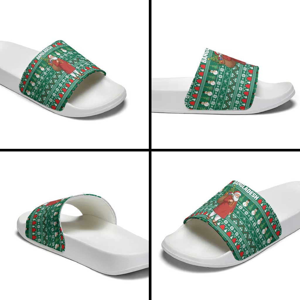Bangladesh Christmas Slide Sandals with Santa Claus in Traditional Outfit Snowman and Tree Pattern - Wonder Print Shop