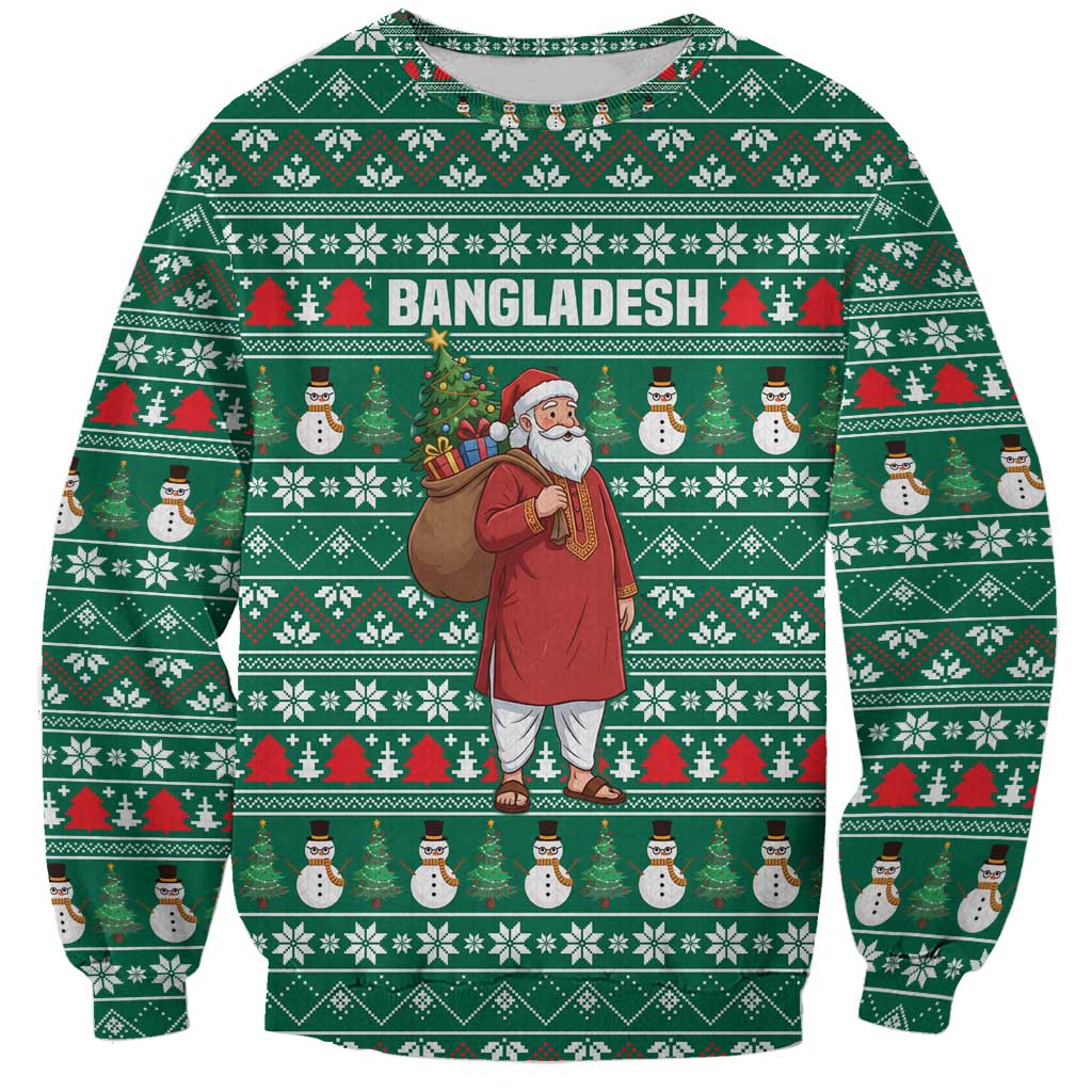Bangladesh Christmas Sweatshirt with Santa Claus in Traditional Outfit Snowman and Tree Pattern - Wonder Print Shop