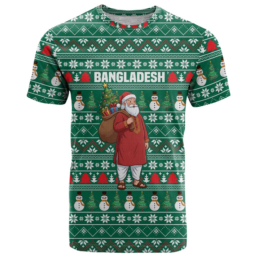 Bangladesh Christmas T Shirt with Santa Claus in Traditional Outfit Snowman and Tree Pattern - Wonder Print Shop