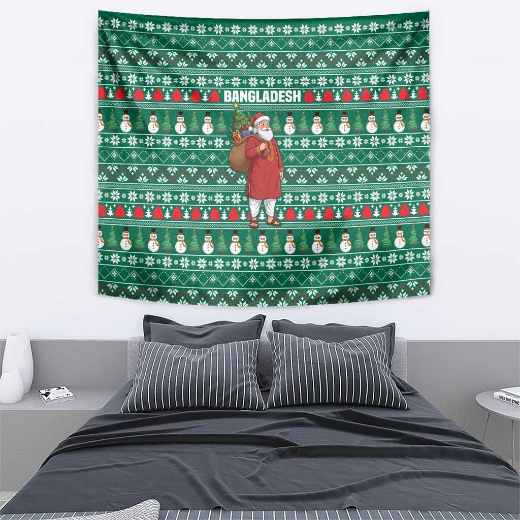 Bangladesh Christmas Tapestry with Santa Claus in Traditional Outfit Snowman and Tree Pattern - Wonder Print Shop