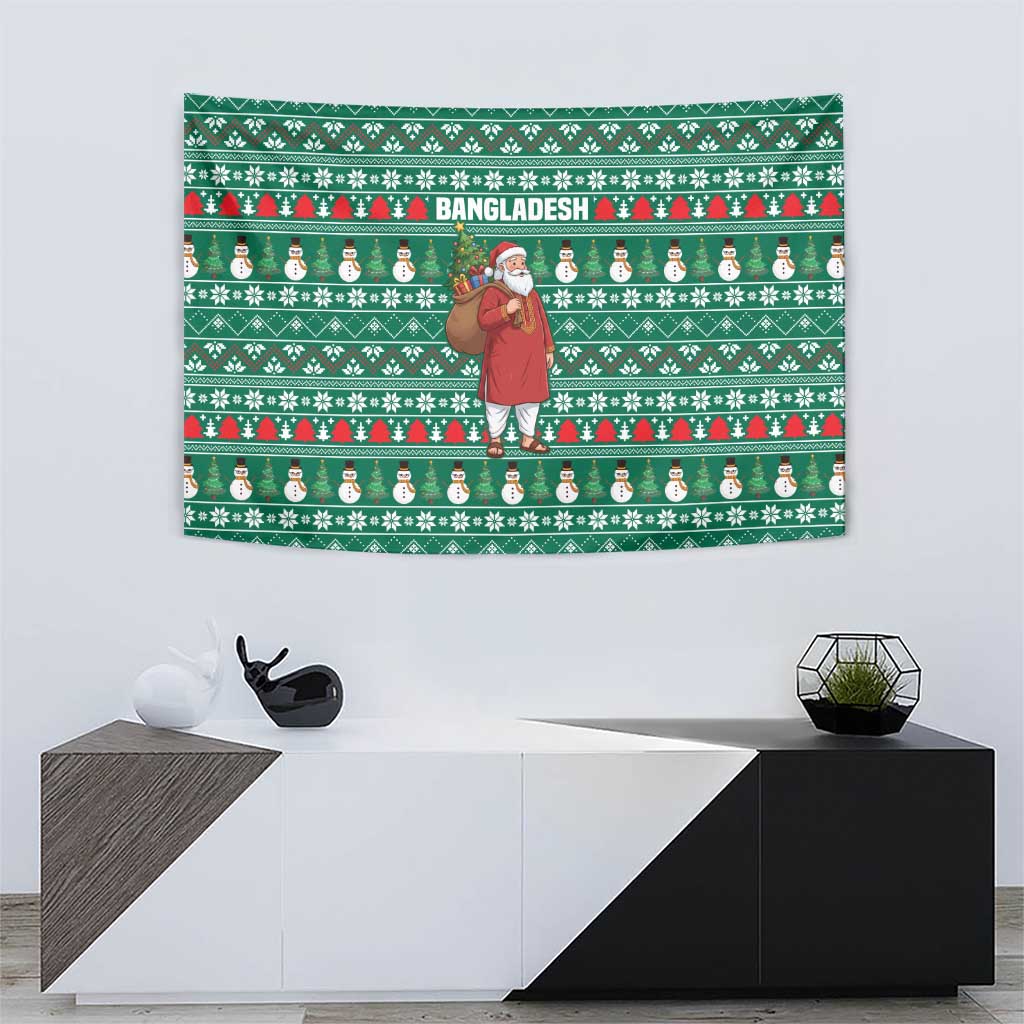 Bangladesh Christmas Tapestry with Santa Claus in Traditional Outfit Snowman and Tree Pattern - Wonder Print Shop