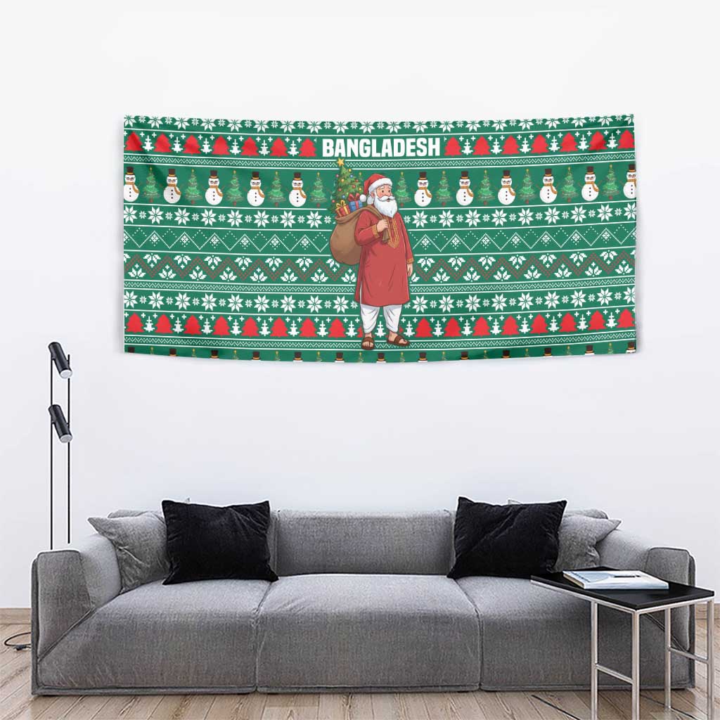 Bangladesh Christmas Tapestry with Santa Claus in Traditional Outfit Snowman and Tree Pattern - Wonder Print Shop