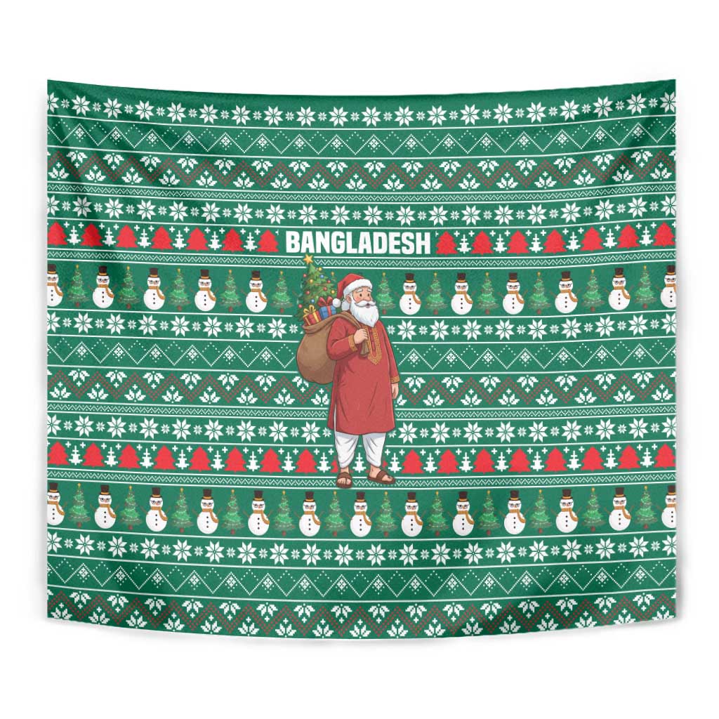 Bangladesh Christmas Tapestry with Santa Claus in Traditional Outfit Snowman and Tree Pattern - Wonder Print Shop