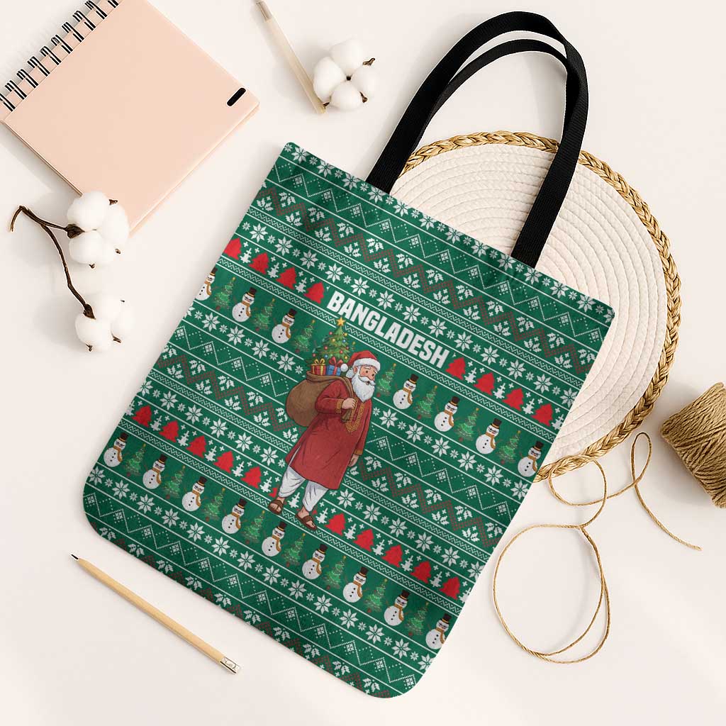 Bangladesh Christmas Tote Bag with Santa Claus in Traditional Outfit Snowman and Tree Pattern - Wonder Print Shop