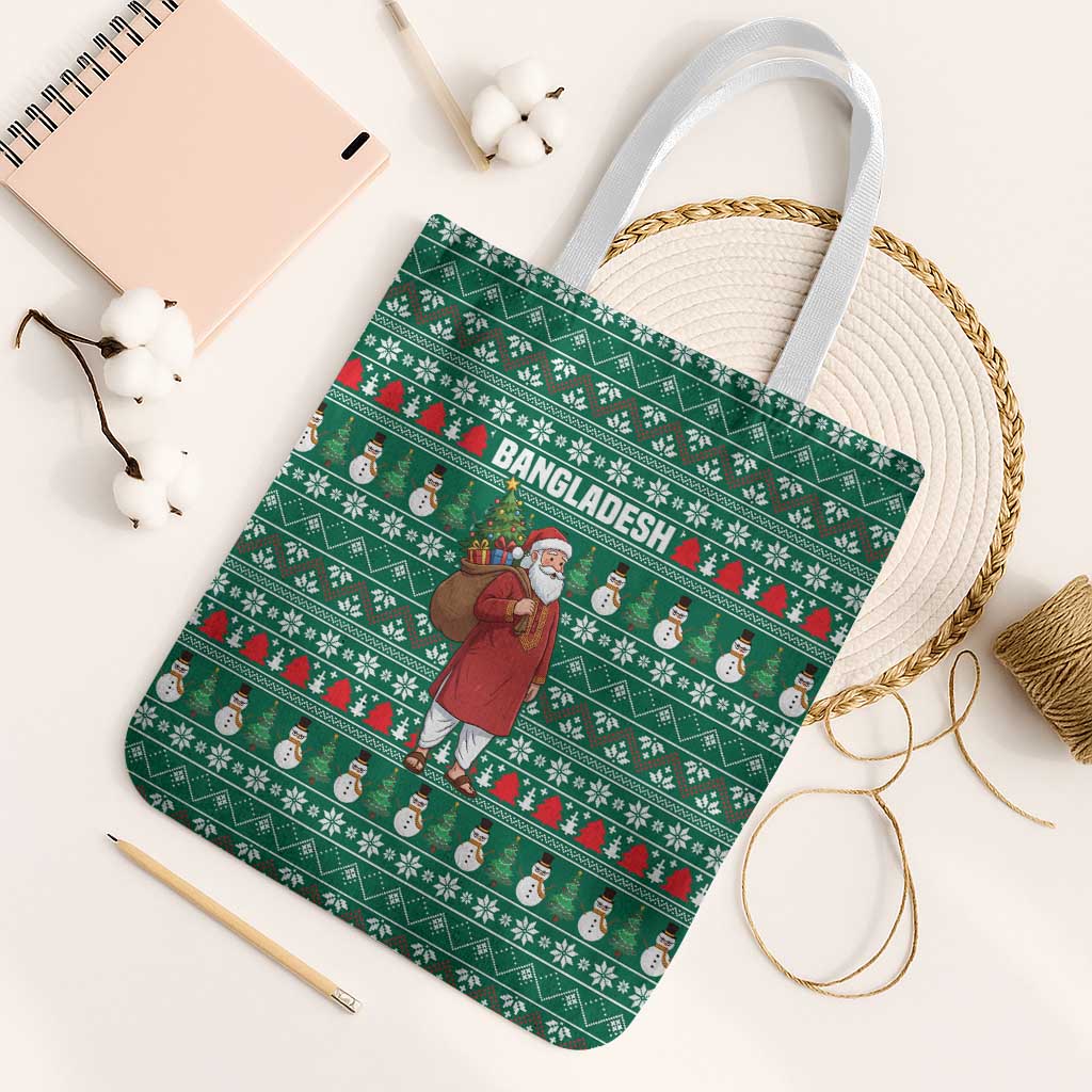 Bangladesh Christmas Tote Bag with Santa Claus in Traditional Outfit Snowman and Tree Pattern - Wonder Print Shop