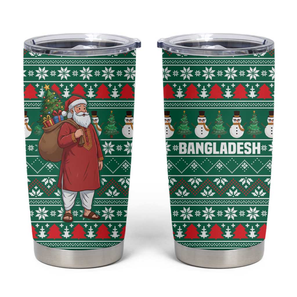 Bangladesh Christmas Tumbler Cup with Santa Claus in Traditional Outfit Snowman and Tree Pattern - Wonder Print Shop