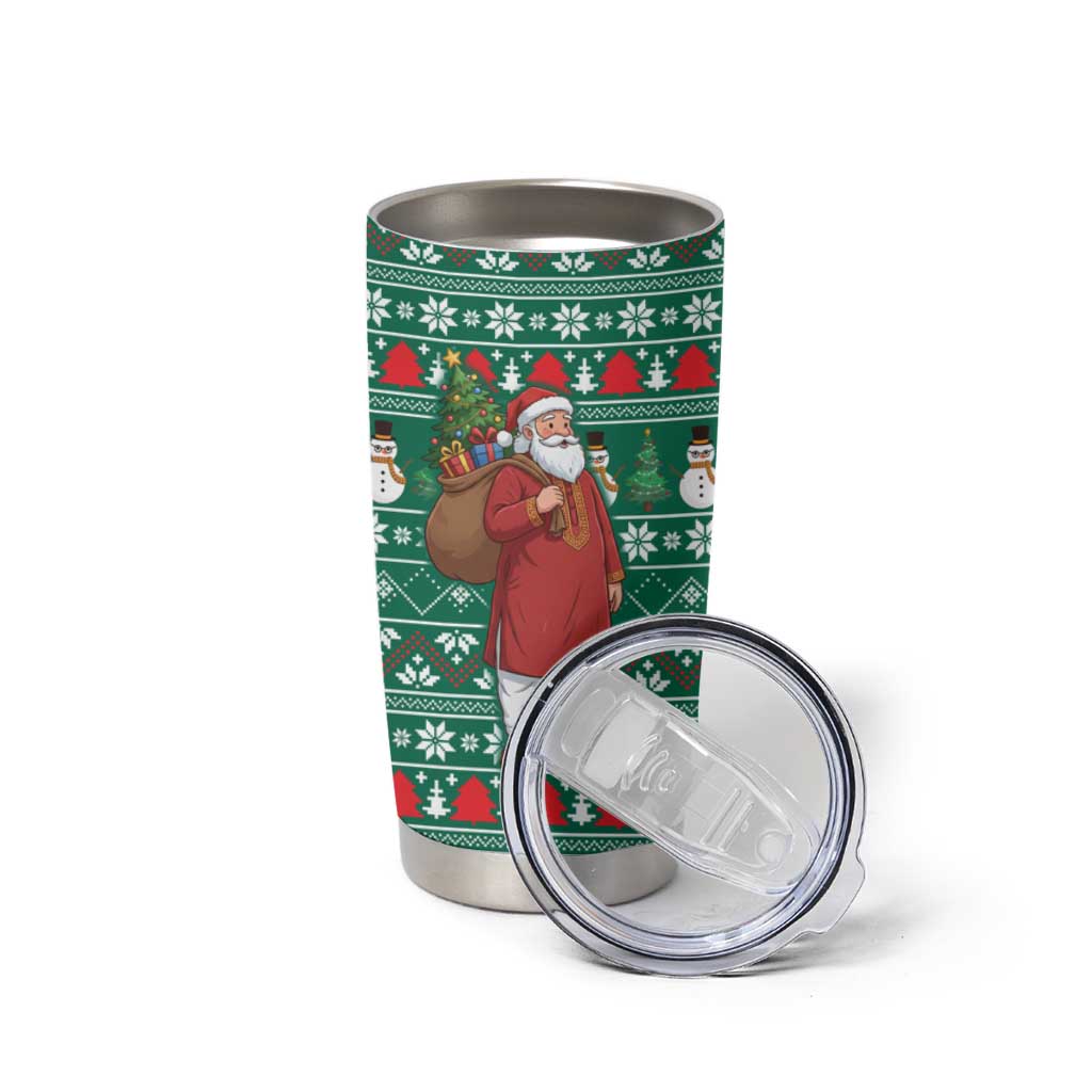 Bangladesh Christmas Tumbler Cup with Santa Claus in Traditional Outfit Snowman and Tree Pattern - Wonder Print Shop