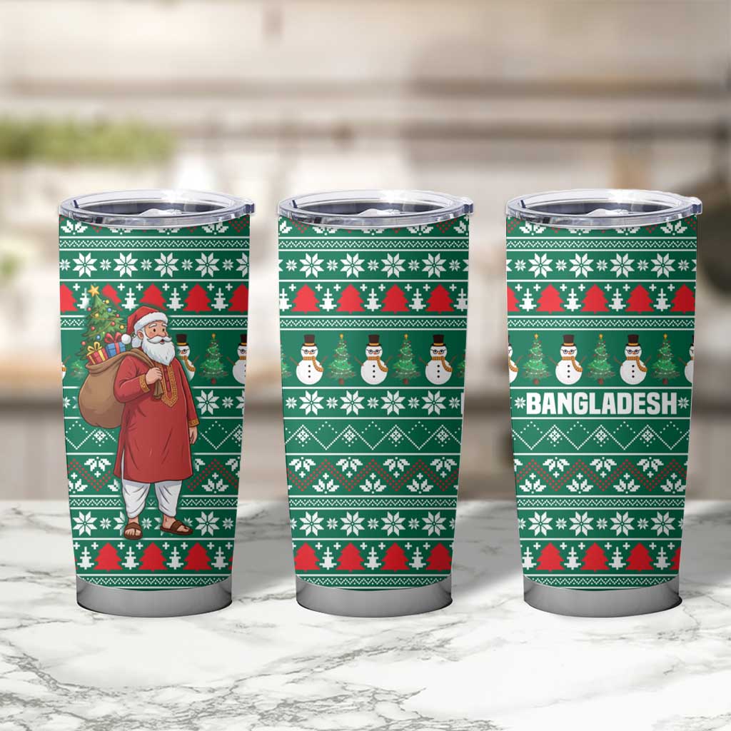 Bangladesh Christmas Tumbler Cup with Santa Claus in Traditional Outfit Snowman and Tree Pattern - Wonder Print Shop
