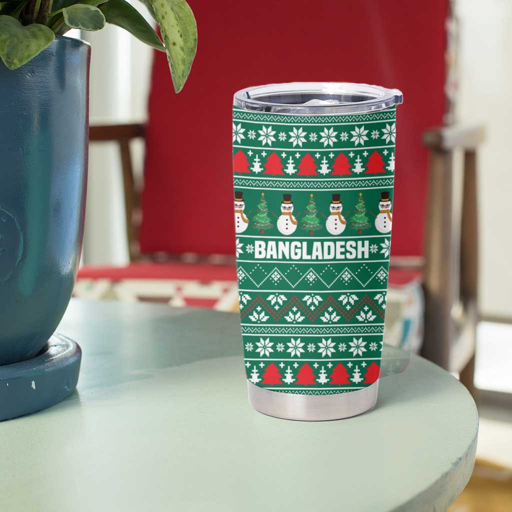 Bangladesh Christmas Tumbler Cup with Santa Claus in Traditional Outfit Snowman and Tree Pattern - Wonder Print Shop
