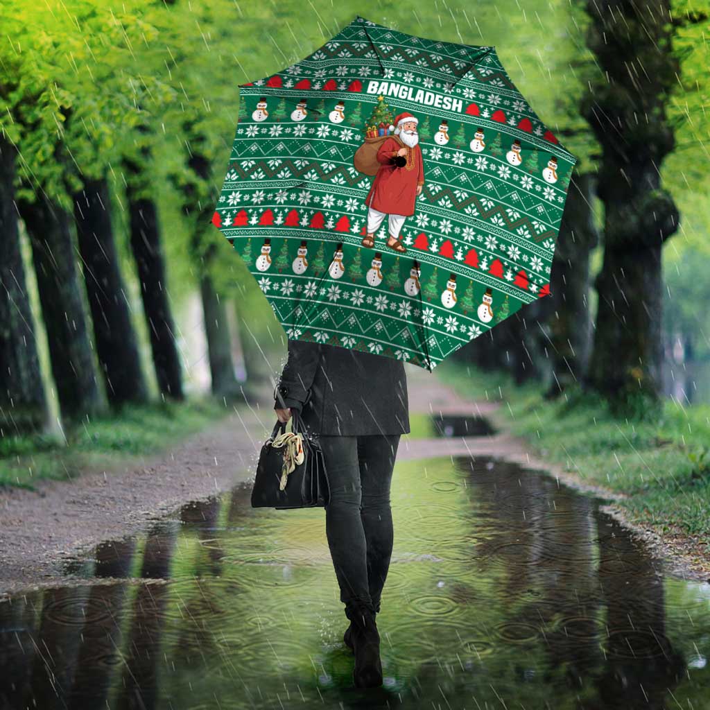Bangladesh Christmas Umbrella with Santa Claus in Traditional Outfit Snowman and Tree Pattern - Wonder Print Shop