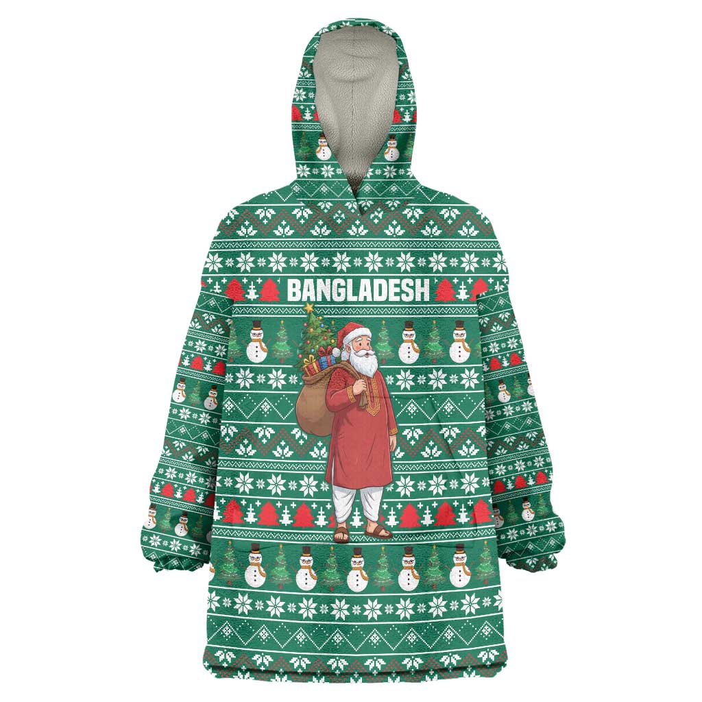 Bangladesh Christmas Wearable Blanket Hoodie with Santa Claus in Traditional Outfit Snowman and Tree Pattern - Wonder Print Shop