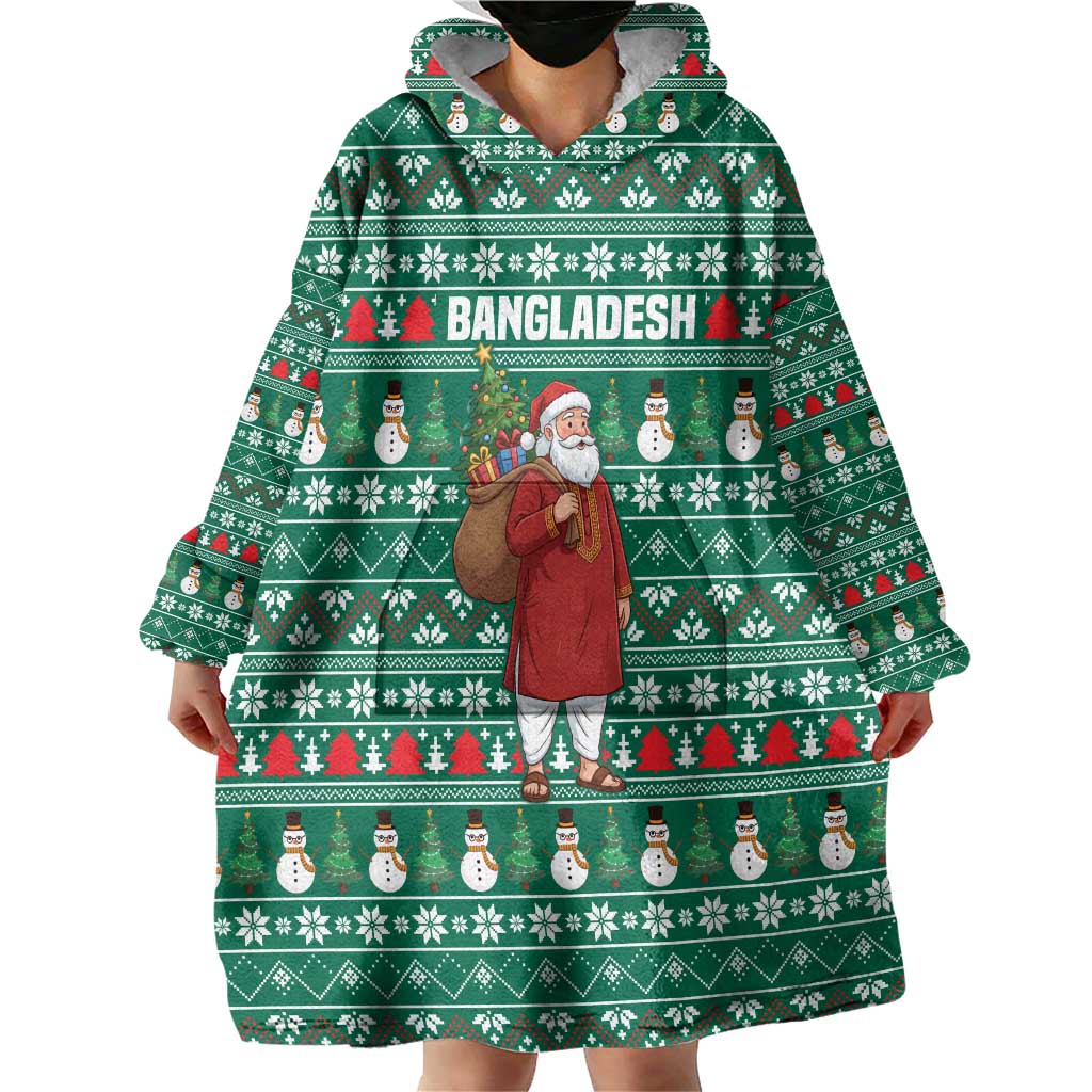 Bangladesh Christmas Wearable Blanket Hoodie with Santa Claus in Traditional Outfit Snowman and Tree Pattern - Wonder Print Shop