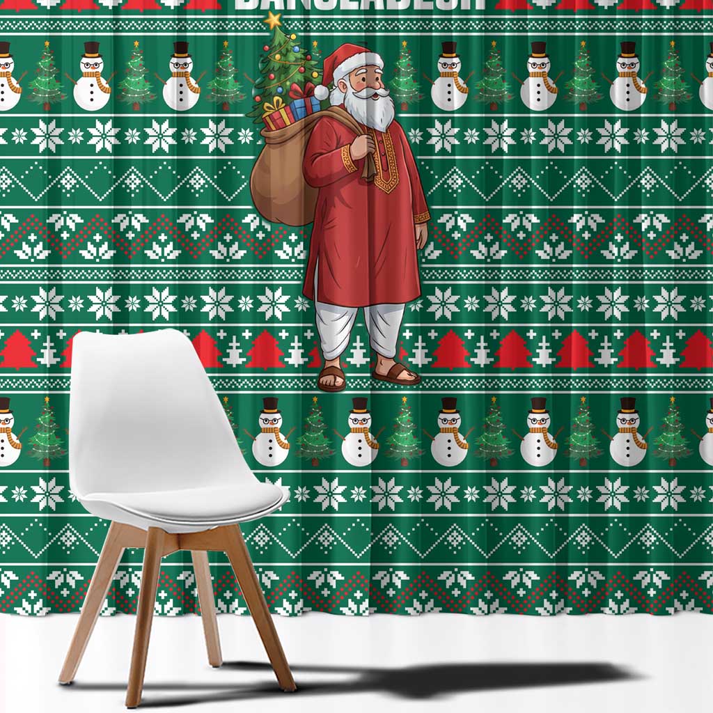 Bangladesh Christmas Window Curtain with Santa Claus in Traditional Outfit Snowman and Tree Pattern - Wonder Print Shop