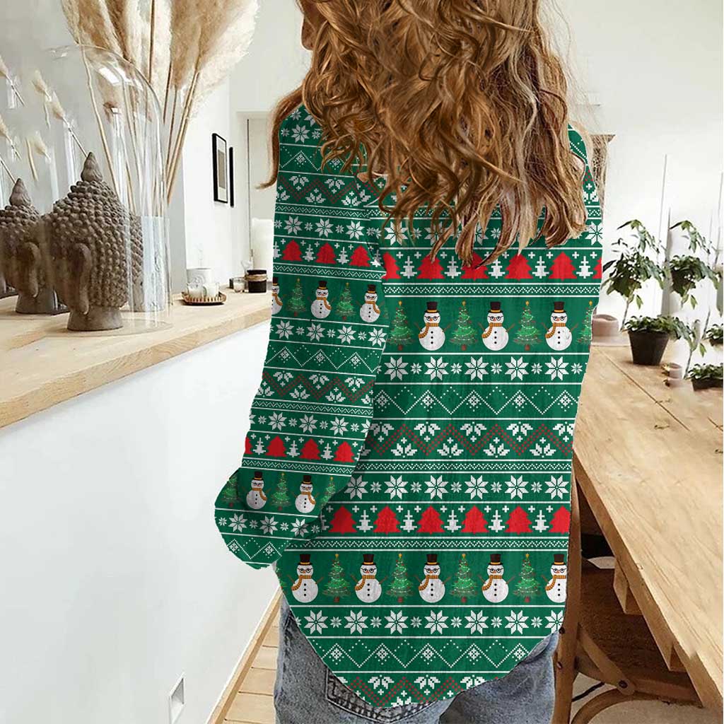 Bangladesh Christmas Women Casual Shirt with Santa Claus in Traditional Outfit Snowman and Tree Pattern - Wonder Print Shop