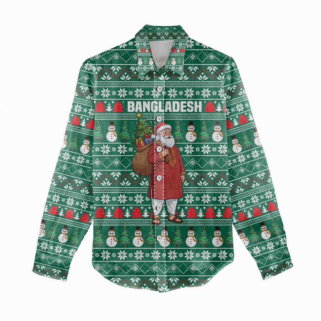 Bangladesh Christmas Women Casual Shirt with Santa Claus in Traditional Outfit Snowman and Tree Pattern - Wonder Print Shop