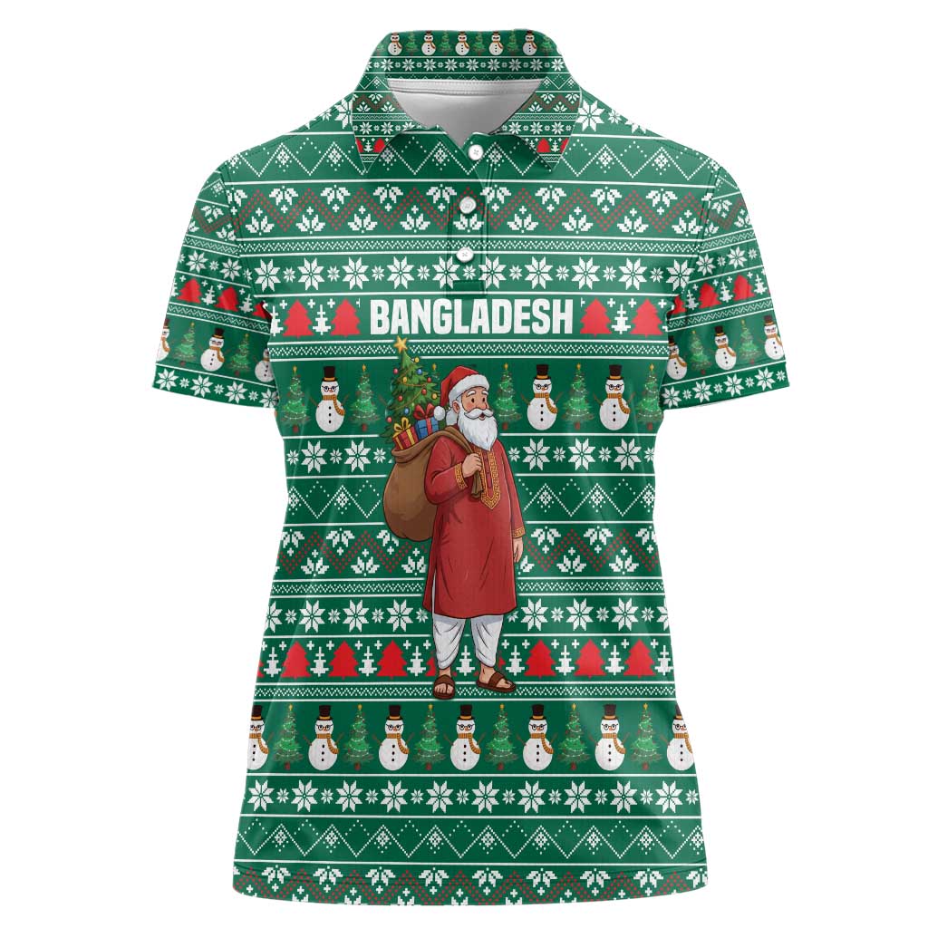 Bangladesh Christmas Women Polo Shirt with Santa Claus in Traditional Outfit Snowman and Tree Pattern - Wonder Print Shop