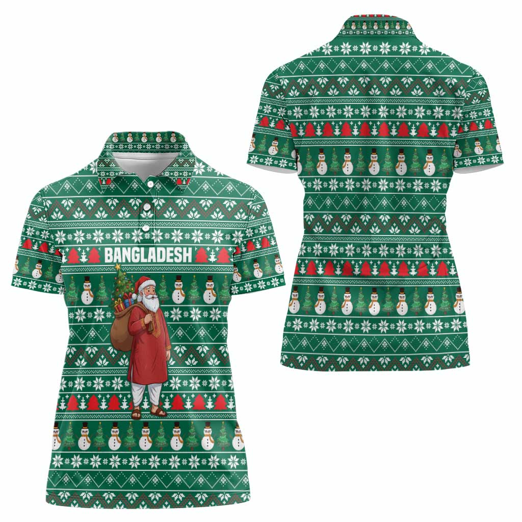 Bangladesh Christmas Women Polo Shirt with Santa Claus in Traditional Outfit Snowman and Tree Pattern - Wonder Print Shop